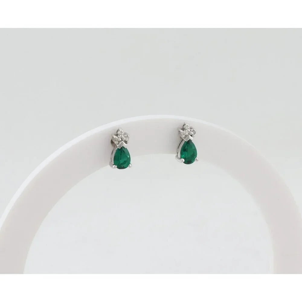 14k White Gold Lab Created Emerald & Diamond Earrings Stud Post Earrings 3/8" - Picture 6 of 9